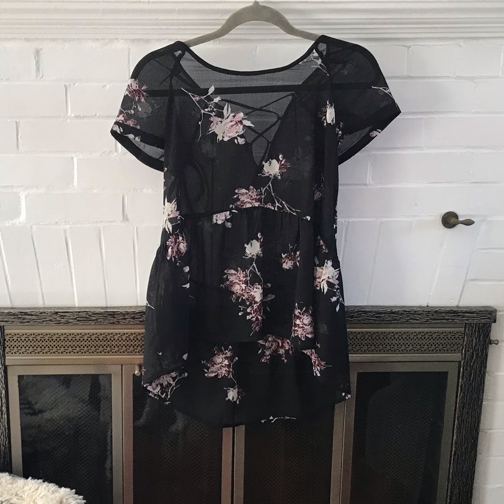 Sheer Black and Floral High-Low Top